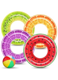 Jasonwell Inflatable Pool Toys Floats For Swimming Pool Party Lake Beach Kids Adults - 4 Pack Floaties Pool Tubes Swim Rings Fruit Water Floaty Watermelon Kiwi Orange Grape 