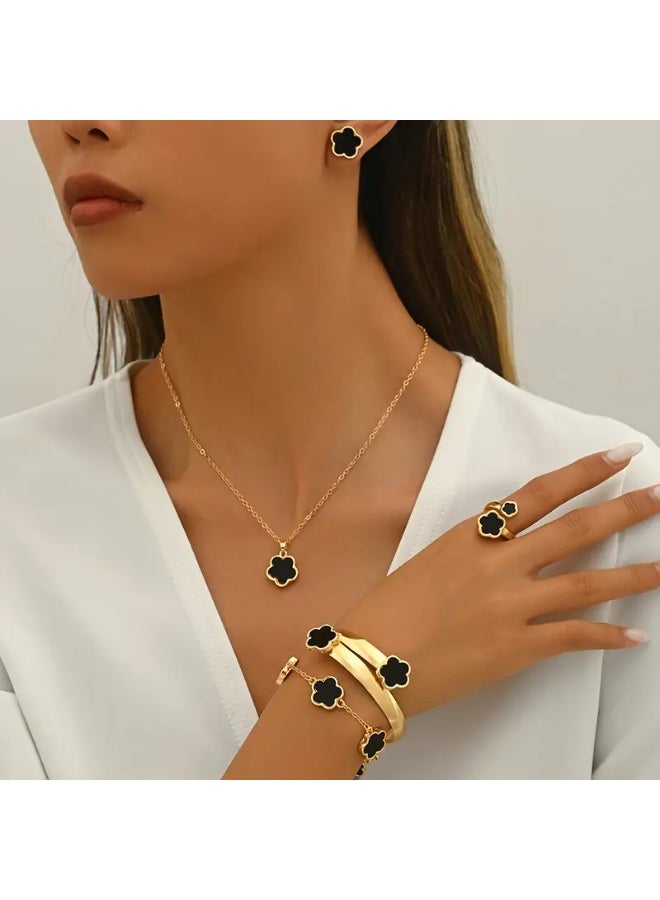 Goolsky Exquisite Flower Design Stud Earrings & Necklace & Ring & Bangle & Bracelet – Elegant Simple Style Delicate Jewelry Set, Flower Matching 5-Piece Set, Gifting (Eid/Birthdays/Weddings) - Image 3