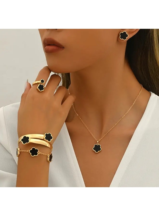 Goolsky Exquisite Flower Design Stud Earrings & Necklace & Ring & Bangle & Bracelet – Elegant Simple Style Delicate Jewelry Set, Flower Matching 5-Piece Set, Gifting (Eid/Birthdays/Weddings) - Image 1