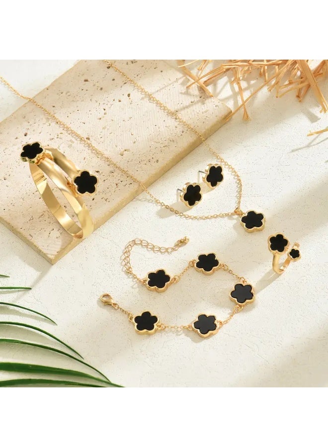 Goolsky Exquisite Flower Design Stud Earrings & Necklace & Ring & Bangle & Bracelet – Elegant Simple Style Delicate Jewelry Set, Flower Matching 5-Piece Set, Gifting (Eid/Birthdays/Weddings) - Image 2