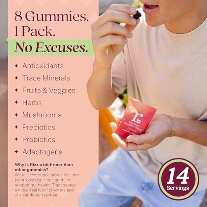 RIZZ Low Sugar Green Gummies - 60+ Superfoods 6g Fiber - 14 Day Supply Prebiotic and Probiotic Gummies - Vegan Multivitamins for Women & Men - Gluten Free - Mushroom, Fruit and Vegetable Supplements - Image 5
