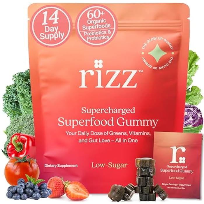 RIZZ Low Sugar Green Gummies - 60+ Superfoods 6g Fiber - 14 Day Supply Prebiotic and Probiotic Gummies - Vegan Multivitamins for Women & Men - Gluten Free - Mushroom, Fruit and Vegetable Supplements - Image 1