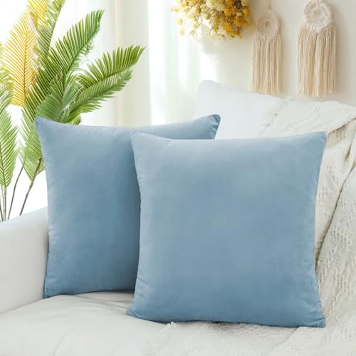 QUORGVES Velvet Light Blue Throw Pillows 18x18 Inch Set of 2 Summer Light Blue Pillow Covers for Sofa Couch Bedroom Soft Square Dusty Coastal Sky Baby Blue Pillow Covers - Image 5