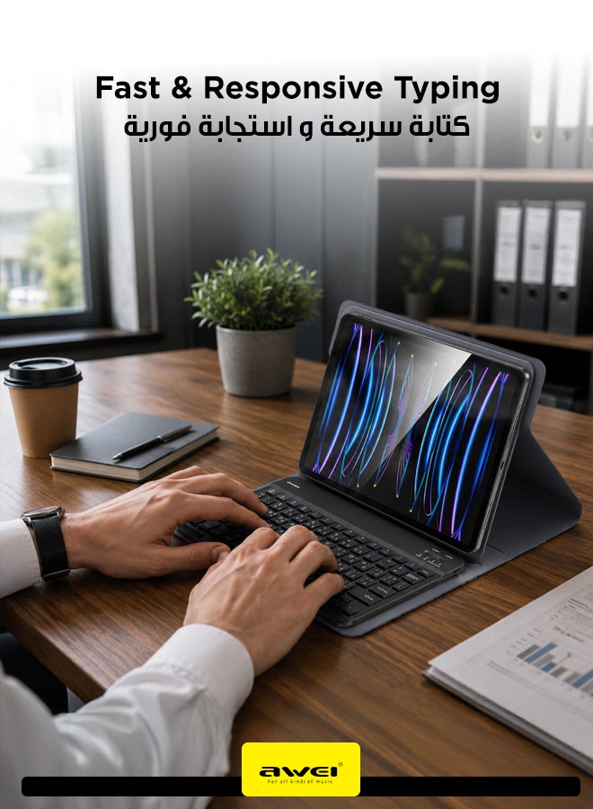 أوي 78-Key Foldable Bluetooth Keyboard with Leather Case - Portable Wireless Keyboard for Phones, Tablets & Laptops, Long Battery Life, Slim and Lightweight Design black - Image 3