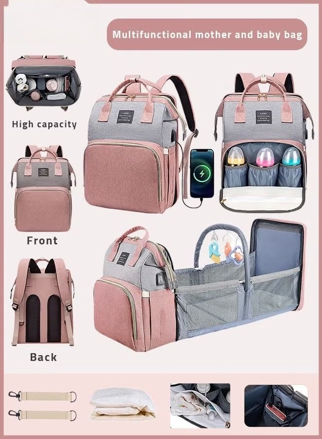 HOOKOR Pink  Baby Diaper Bag Backpack Multifunction Diapers Changing Station Toy Bar for Outdoor and Travel, Large Capacity Infant Shower Gifts, USB Port, 3 Toys