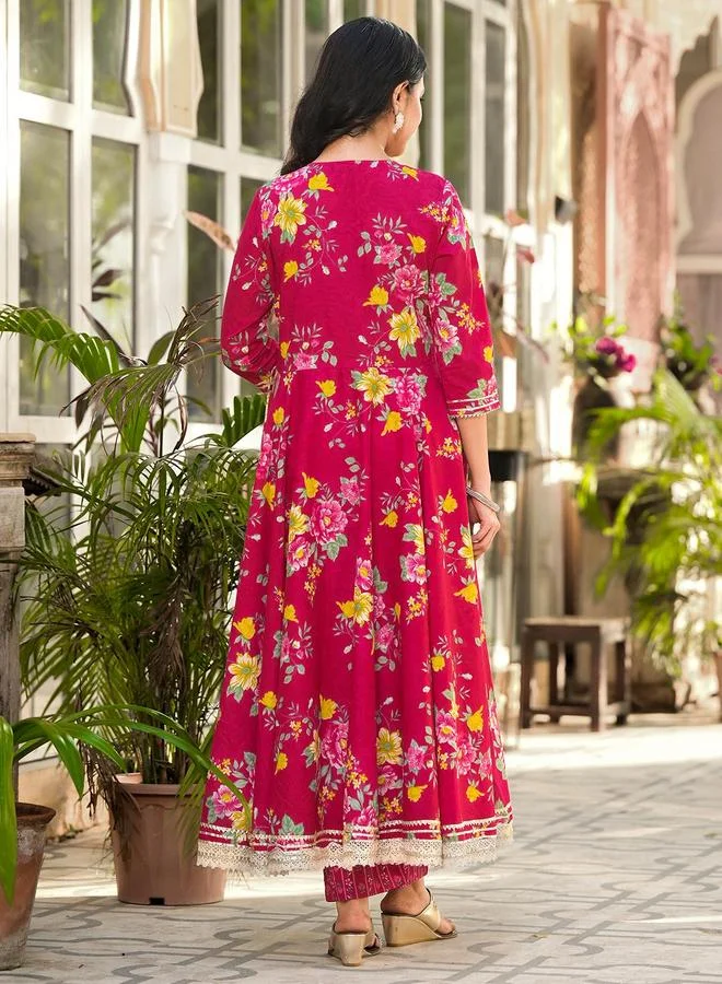 آي شين Women's Pink Cotton Printed Tunic Upper Calf Length Palazzo Bottom Flared 3 Peice Kurta Set