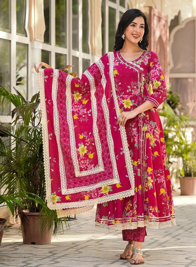 آي شين Women's Pink Cotton Printed Tunic Upper Calf Length Palazzo Bottom Flared 3 Peice Kurta Set