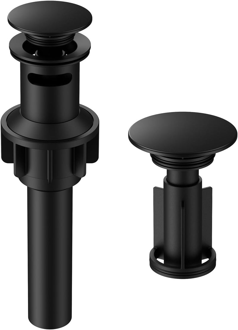 Hurran Bathroom Sink Drain with Overflow, Matte Black Bathroom Sink Stopper for Bathroom Vanity Vessel Sink, Rapid Draining Plastic Pop-up Sink Drain with Hair Catcher Anti-Clog Strainer - Image 1