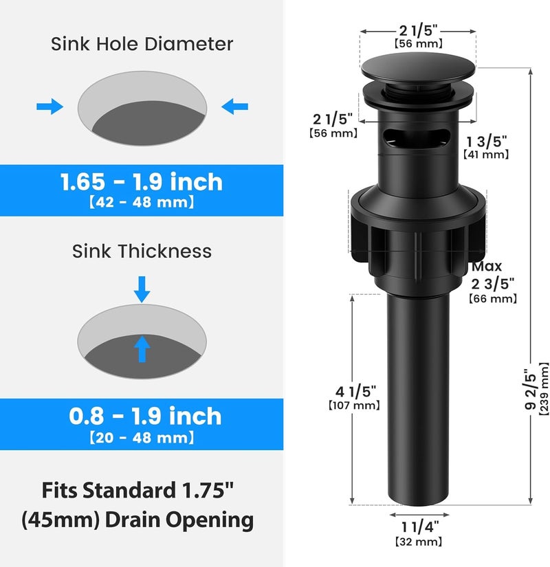 Hurran Bathroom Sink Drain with Overflow, Matte Black Bathroom Sink Stopper for Bathroom Vanity Vessel Sink, Rapid Draining Plastic Pop-up Sink Drain with Hair Catcher Anti-Clog Strainer - Image 2