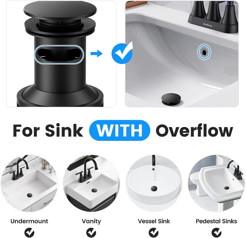 Hurran Bathroom Sink Drain with Overflow, Matte Black Bathroom Sink Stopper for Bathroom Vanity Vessel Sink, Rapid Draining Plastic Pop-up Sink Drain with Hair Catcher Anti-Clog Strainer - Image 3