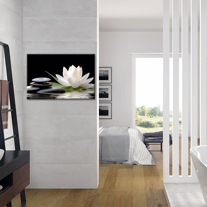 GLOKAKA Zen Wall Art,White Lotus Bloom in Water with Spa Stone,Black and White Bathroom Canvas Wall Art,Zen Spiritual Decor for Yoga Meditation Room Living Room,Office - Image 3