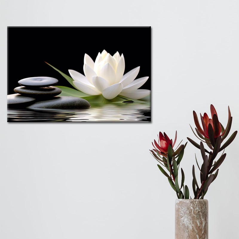 GLOKAKA Zen Wall Art,White Lotus Bloom in Water with Spa Stone,Black and White Bathroom Canvas Wall Art,Zen Spiritual Decor for Yoga Meditation Room Living Room,Office - Image 2
