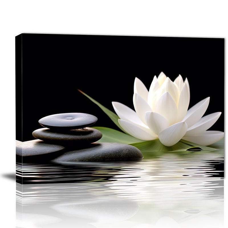GLOKAKA Zen Wall Art,White Lotus Bloom in Water with Spa Stone,Black and White Bathroom Canvas Wall Art,Zen Spiritual Decor for Yoga Meditation Room Living Room,Office - Image 1