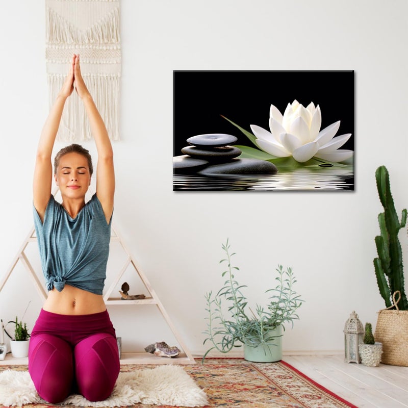 GLOKAKA Zen Wall Art,White Lotus Bloom in Water with Spa Stone,Black and White Bathroom Canvas Wall Art,Zen Spiritual Decor for Yoga Meditation Room Living Room,Office - Image 5