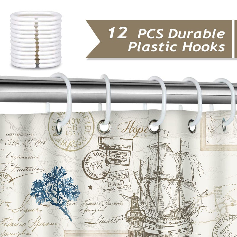 Bonhause Nautical Coastal Shower Curtain, Vintage Ocean Beach Seashell Seahorse Lighthouse Bathroom Decor 72x72 Inch Polyester Fabric Waterproof Bath Curtain with 12 Hooks - Image 3