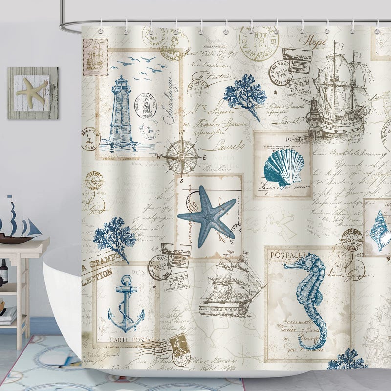 Bonhause Nautical Coastal Shower Curtain, Vintage Ocean Beach Seashell Seahorse Lighthouse Bathroom Decor 72x72 Inch Polyester Fabric Waterproof Bath Curtain with 12 Hooks - Image 2