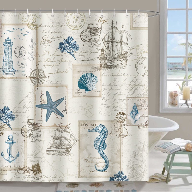 Bonhause Nautical Coastal Shower Curtain, Vintage Ocean Beach Seashell Seahorse Lighthouse Bathroom Decor 72x72 Inch Polyester Fabric Waterproof Bath Curtain with 12 Hooks - Image 1