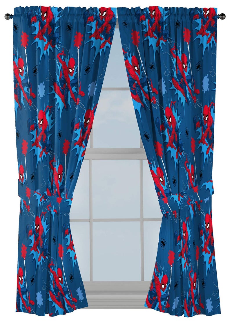 Jay Franco Kids Window Drapes - 4 Piece Curtain Set Includes 2 Tiebacks, Beautiful Bedding Room DÃ©cor and Easy Set Up, Blue - Spiderman, 63 Inch - Image 1