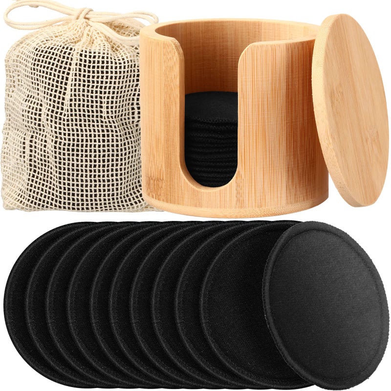 Foaincore 40 Pcs Reusable Makeup Remover Pads with Mesh Laundry Bag Washable Bamboo Cotton Rounds Soft Reusable Face Pad for Toner Skin Types with Bamboo Holder(Black) - Image 1