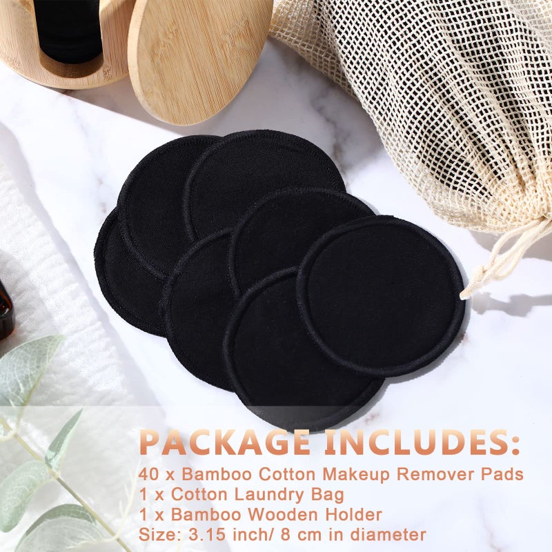 Foaincore 40 Pcs Reusable Makeup Remover Pads with Mesh Laundry Bag Washable Bamboo Cotton Rounds Soft Reusable Face Pad for Toner Skin Types with Bamboo Holder(Black) - Image 5