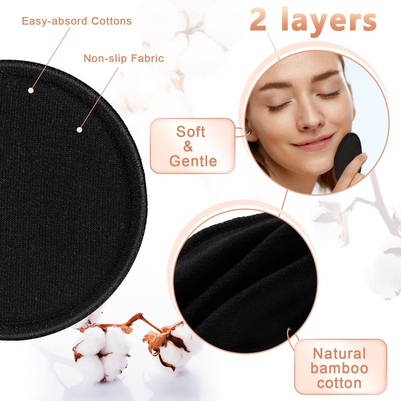 Foaincore 40 Pcs Reusable Makeup Remover Pads with Mesh Laundry Bag Washable Bamboo Cotton Rounds Soft Reusable Face Pad for Toner Skin Types with Bamboo Holder(Black) - Image 2