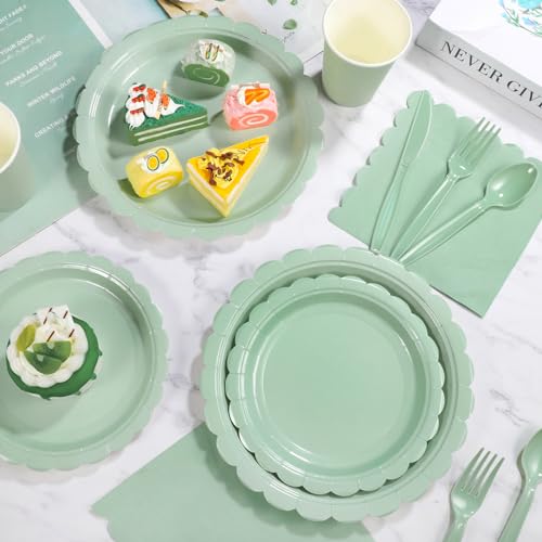 Xiangqu 350 Pcs Sage Green Paper Plates and Napkins, Sage Green Party Supplies Include Green Scalloped Plate Paper Napkin Cup Plastic Cutlery for Baby Shower, Wedding, Birthday - Image 5