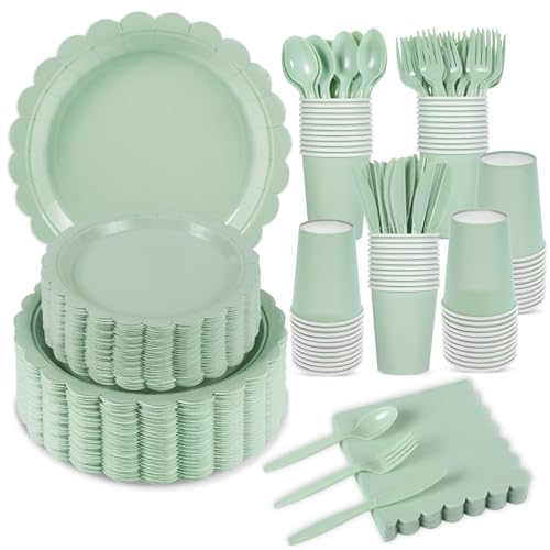 Xiangqu 350 Pcs Sage Green Paper Plates and Napkins, Sage Green Party Supplies Include Green Scalloped Plate Paper Napkin Cup Plastic Cutlery for Baby Shower, Wedding, Birthday - Image 1