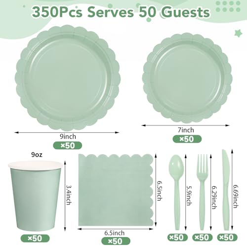 Xiangqu 350 Pcs Sage Green Paper Plates and Napkins, Sage Green Party Supplies Include Green Scalloped Plate Paper Napkin Cup Plastic Cutlery for Baby Shower, Wedding, Birthday - Image 2