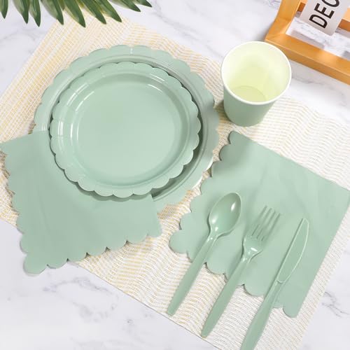 Xiangqu 350 Pcs Sage Green Paper Plates and Napkins, Sage Green Party Supplies Include Green Scalloped Plate Paper Napkin Cup Plastic Cutlery for Baby Shower, Wedding, Birthday - Image 4