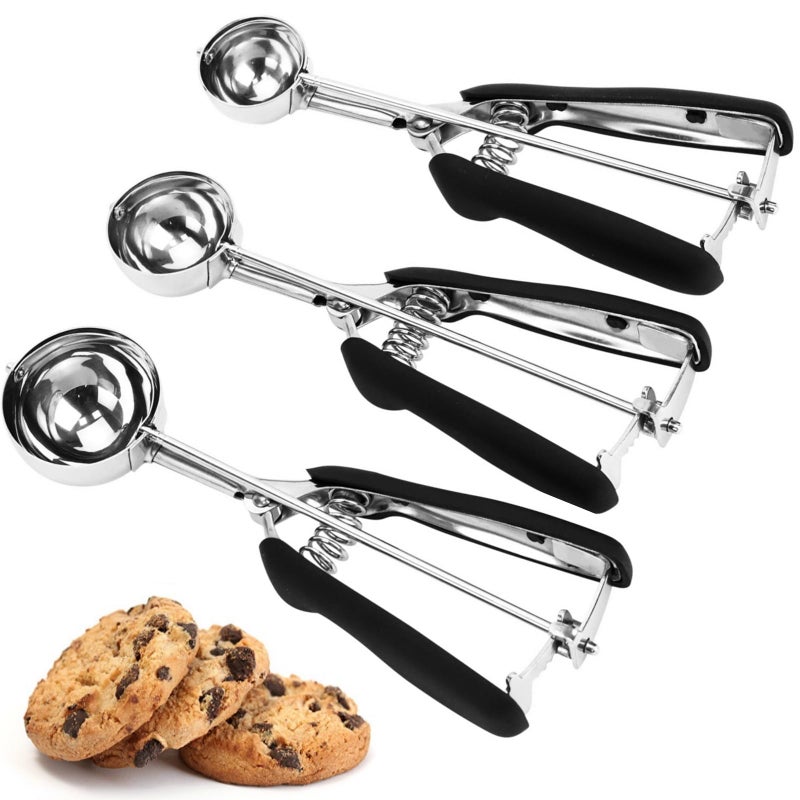 LLESCA Cookie Scoop Set, 3Pcs Ice Cream Scoop, Cookie Scoops for Baking Set of 3, 18/8 Stainless Steel Cookie Scooper for Baking, Ice Cream Scooper with Trigger Release, Cookie Dough Scoop with Non-slip Grip - Image 1