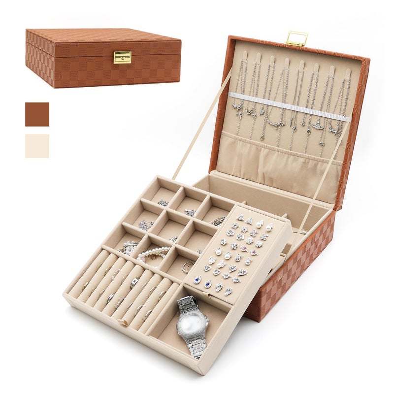 Euedue Jewelry Organizer Box, Jewelry Box Organizers for Women Girls, 2 Layers Large Leather Jewels Storage Case for Earring, Rings, Necklaces, Bracelets, Big and Small Jewellery, Watch, Ideal Gift (Brwon) - Image 1