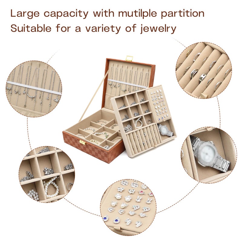 Euedue Jewelry Organizer Box, Jewelry Box Organizers for Women Girls, 2 Layers Large Leather Jewels Storage Case for Earring, Rings, Necklaces, Bracelets, Big and Small Jewellery, Watch, Ideal Gift (Brwon) - Image 3