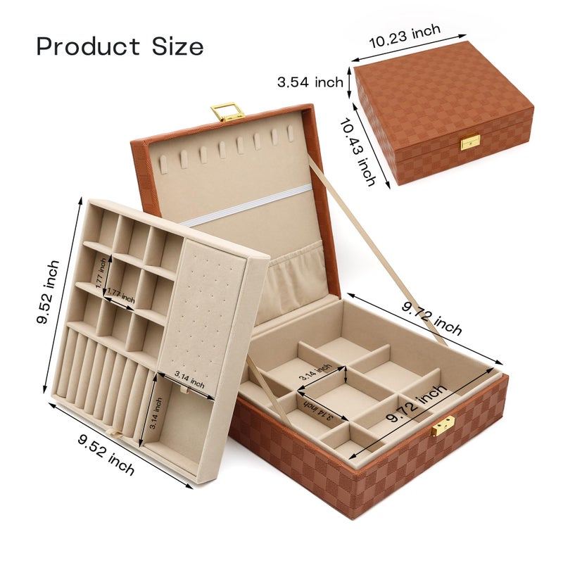 Euedue Jewelry Organizer Box, Jewelry Box Organizers for Women Girls, 2 Layers Large Leather Jewels Storage Case for Earring, Rings, Necklaces, Bracelets, Big and Small Jewellery, Watch, Ideal Gift (Brwon) - Image 2