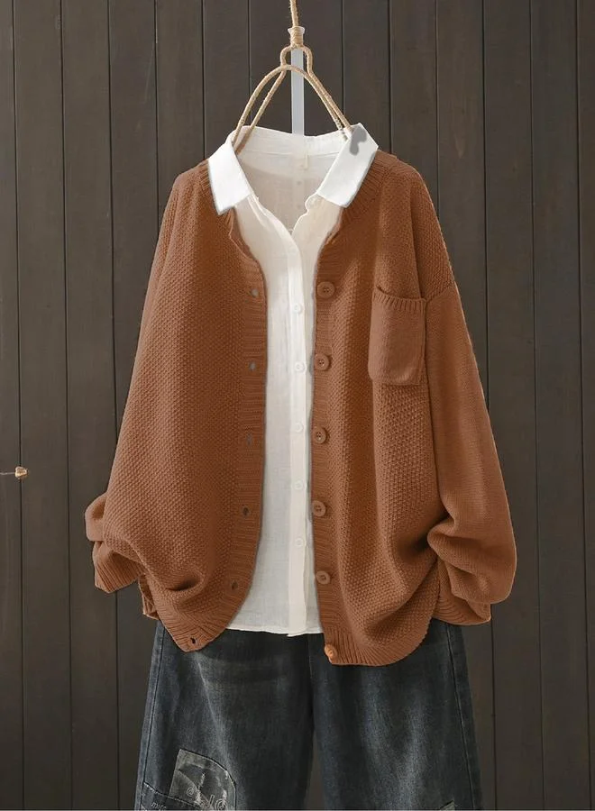 Take Two Take Two Plus Size Brown Button Front Knit Cardigan