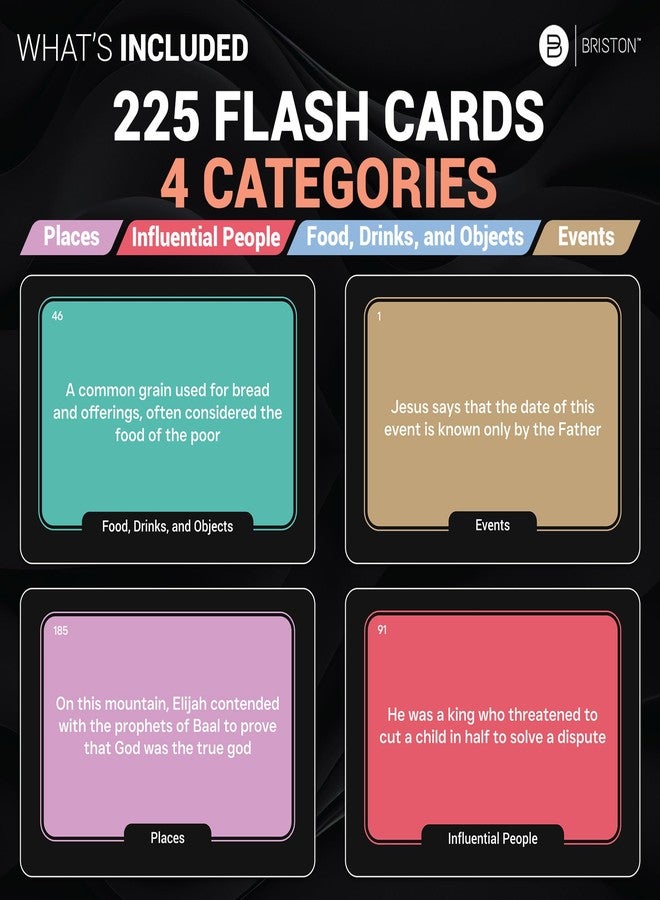 Briston لعبة بطاقات تريفيا الكتاب المقدس المقدس من بريستون - 225 بطاقة تريفيا مسيحية للعائلة والكنيسة ودراسة الكتاب المقدس - لعبة اختبار قائمة على الإيمان للبالغين والأطفال، هدية مسيحية للرجال والنساء، تعلم الكتاب المقدس - Image 4