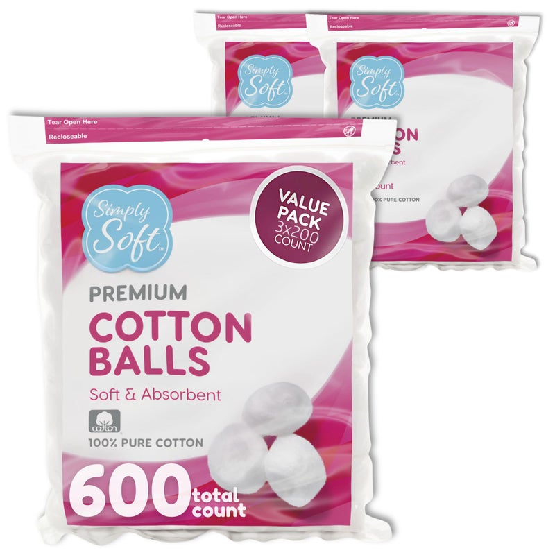 Simply Soft Premium Cotton Balls (600 Count), 100% Pure Cotton, Large Cotton Balls for Face and Nail Polish Remover - Image 1