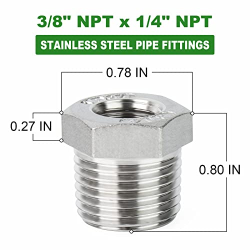 TAISHER 10PCS 304 Stainless Steel Reducer Hex Bushing, 3/8" NPT Male x 1/4" NPT Female, Reducing Pipe Adapter Fitting - Image 3