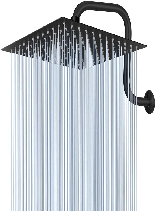 Voolan Rain Shower Head with Goose Neck Curve Arm, All Metal Waterfall Rainfall Showerhead, High Flow Bathroom Square Large Shower Head (12’’ Shower Head with 13’’ Shower Arm, Black) - Image 1