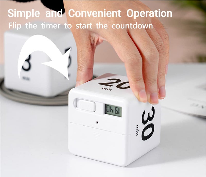 Feilifan Cube Timer, Productivity Cube Flip Timer for Kitchen Studying Workout Classroom Kids ADHD 15-20-30-60 Minute Preset, White - Image 3