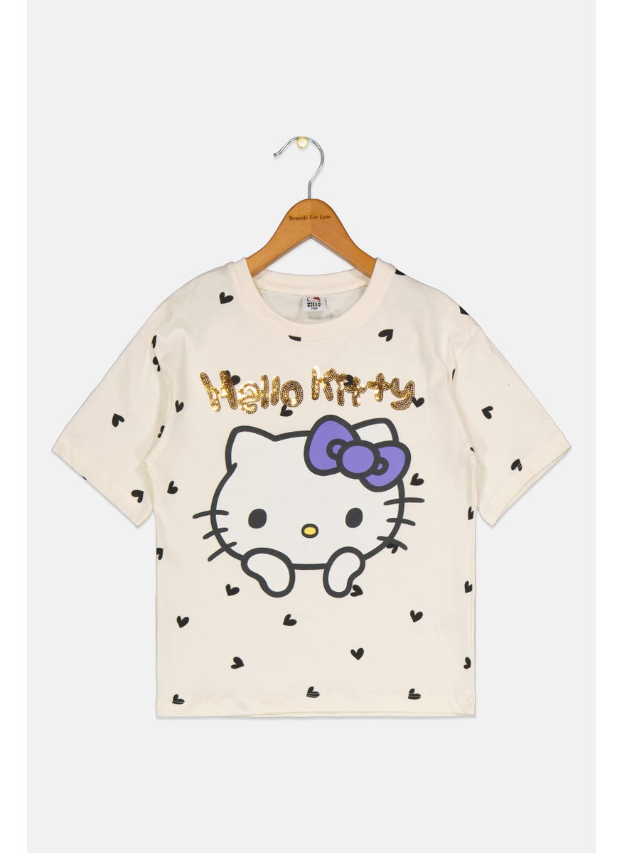 Hello Kitty Kids Girl Crew Neck Short Sleeves Embellished T-shirt, Off White  - Image 1