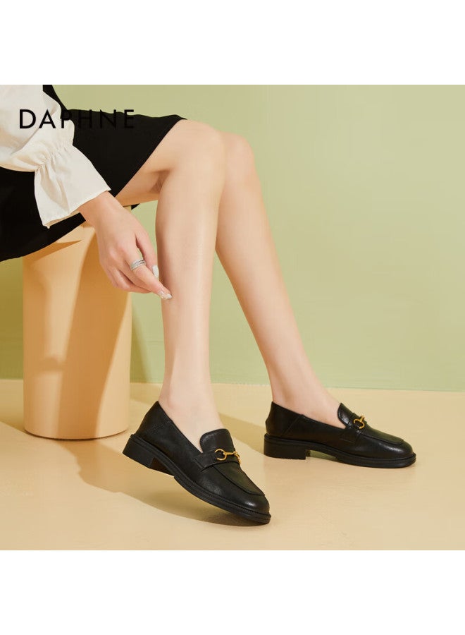 Daphne Loafers Thick Sole Spring New British Style Women's Shoes Chunky Heel Leather Slip-on Flats Black Size 39 - Image 1