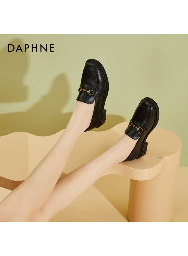Daphne Loafers Thick Sole Spring New British Style Women's Shoes Chunky Heel Leather Slip-on Flats Black Size 39 - Image 3