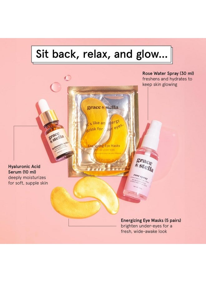 Grace & Stella - grace & stella Award-Winning Birthday Gifts for Women - Travel Essentials Skin Care Set with Gold Eye Masks, Hyaluronic Acid Serum & Rose Spray - Perfect for Bridesmaids, Girlfriends, Teens- Self Care - Image 1