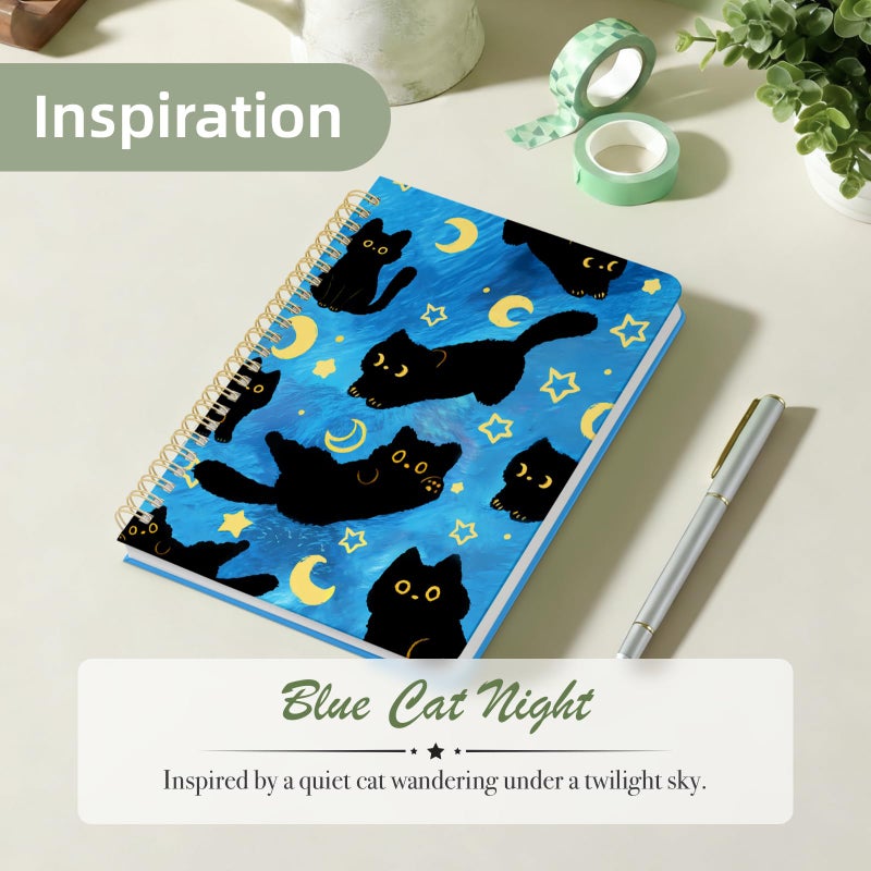 Stanoha Cute Spiral Notebook A5 Journal for Women Girls Kawaii Aesthetic Pretty Floral Design with Pocket, 8.5 x 5.7 inch, Line, Blue Black Cat - Image 2