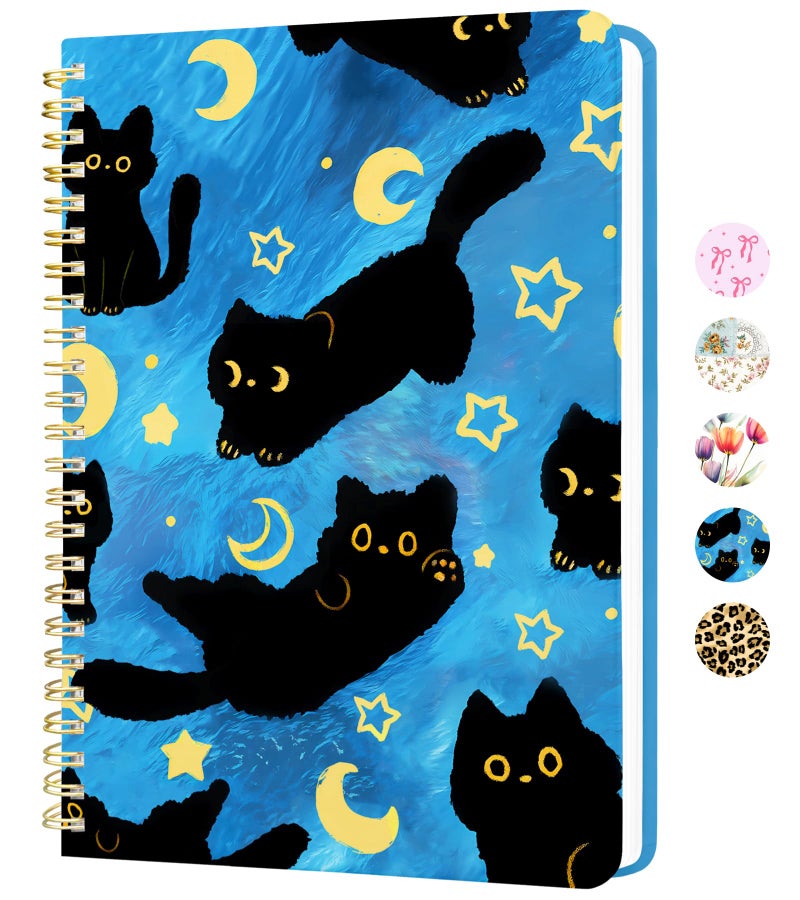 Stanoha Cute Spiral Notebook A5 Journal for Women Girls Kawaii Aesthetic Pretty Floral Design with Pocket, 8.5 x 5.7 inch, Line, Blue Black Cat - Image 1