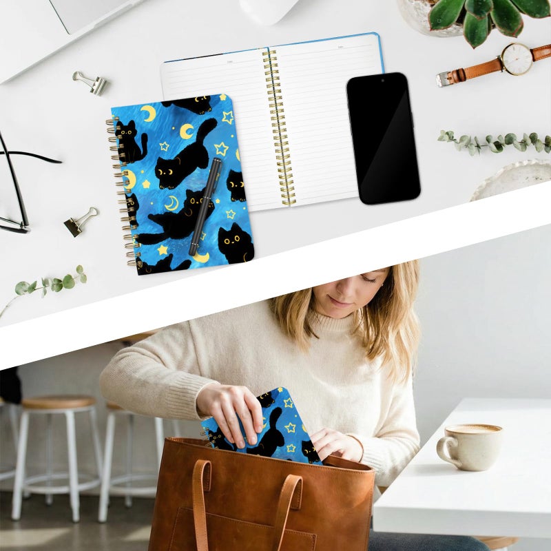 Stanoha Cute Spiral Notebook A5 Journal for Women Girls Kawaii Aesthetic Pretty Floral Design with Pocket, 8.5 x 5.7 inch, Line, Blue Black Cat - Image 5