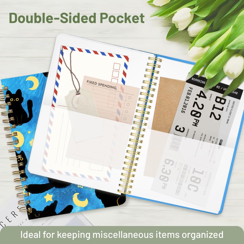 Stanoha Cute Spiral Notebook A5 Journal for Women Girls Kawaii Aesthetic Pretty Floral Design with Pocket, 8.5 x 5.7 inch, Line, Blue Black Cat - Image 4