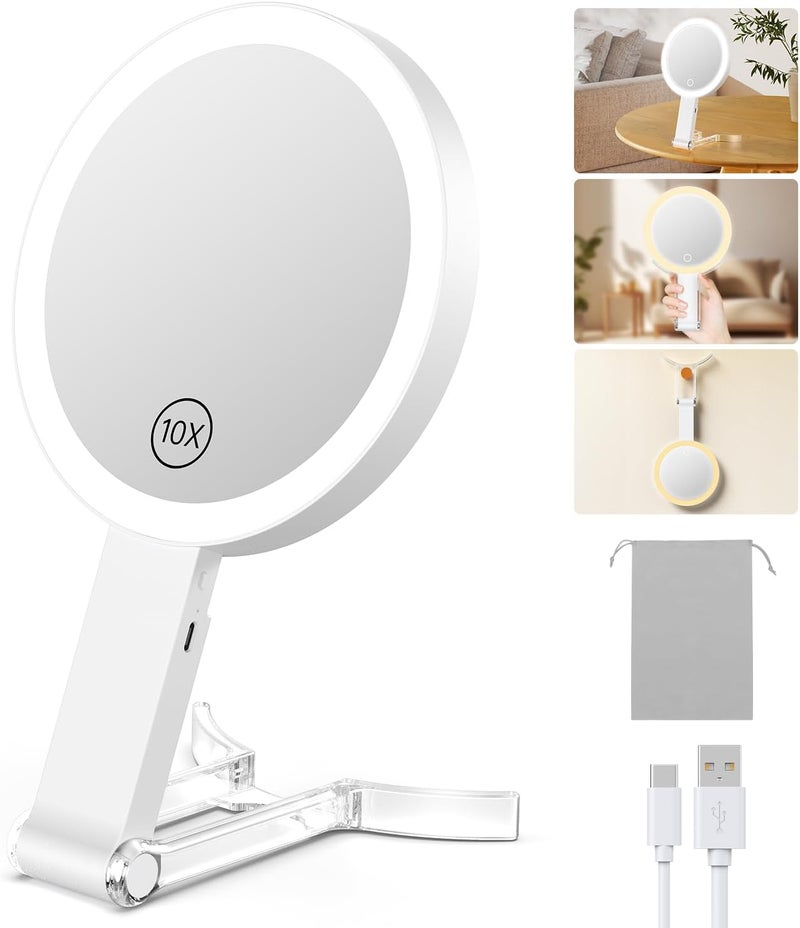 Benbilry Benbilry Lighted Travel Makeup Mirror with 10X Magnification & 3 Color Lights, Adjustable Brightness & Stand, Tabletop & Hanging, 3 in 1 Portable Rechargeable Handheld Mirror, White 