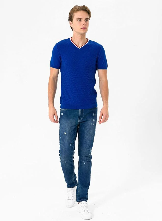 FELIX HARDY Blue Short Sleeve V neck Knit Tshirt for Men | Best Price UAE