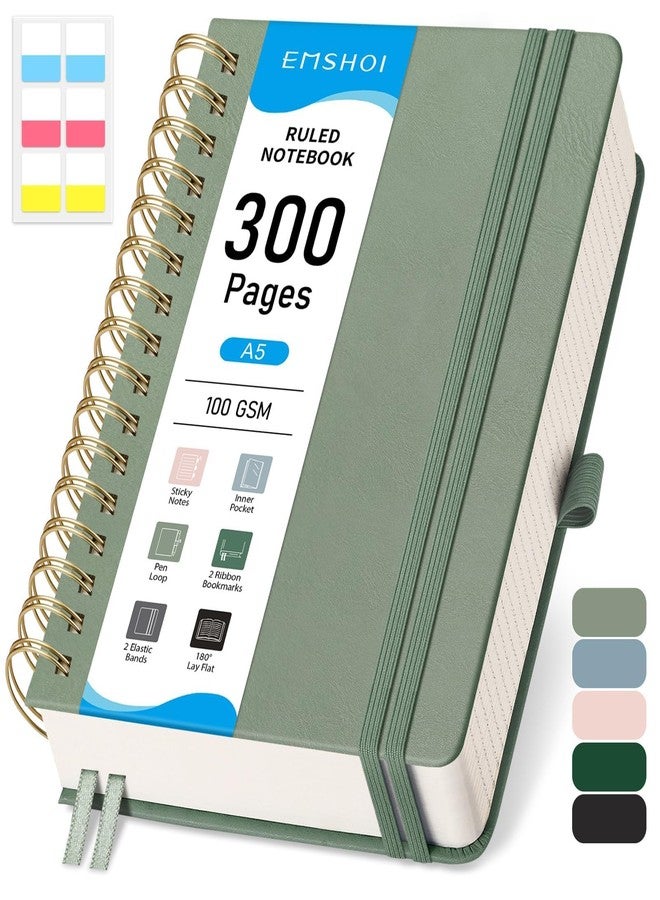 EMSHOI Spiral Notebook College Ruled, Large B5 300 Numbered Pages Leather Hardcover Lined Journal with Ruler, PVC Pocket, Pen Holder & Bookmark, for Work School Writing, 7.48"x10.15", Light Green - Image 1